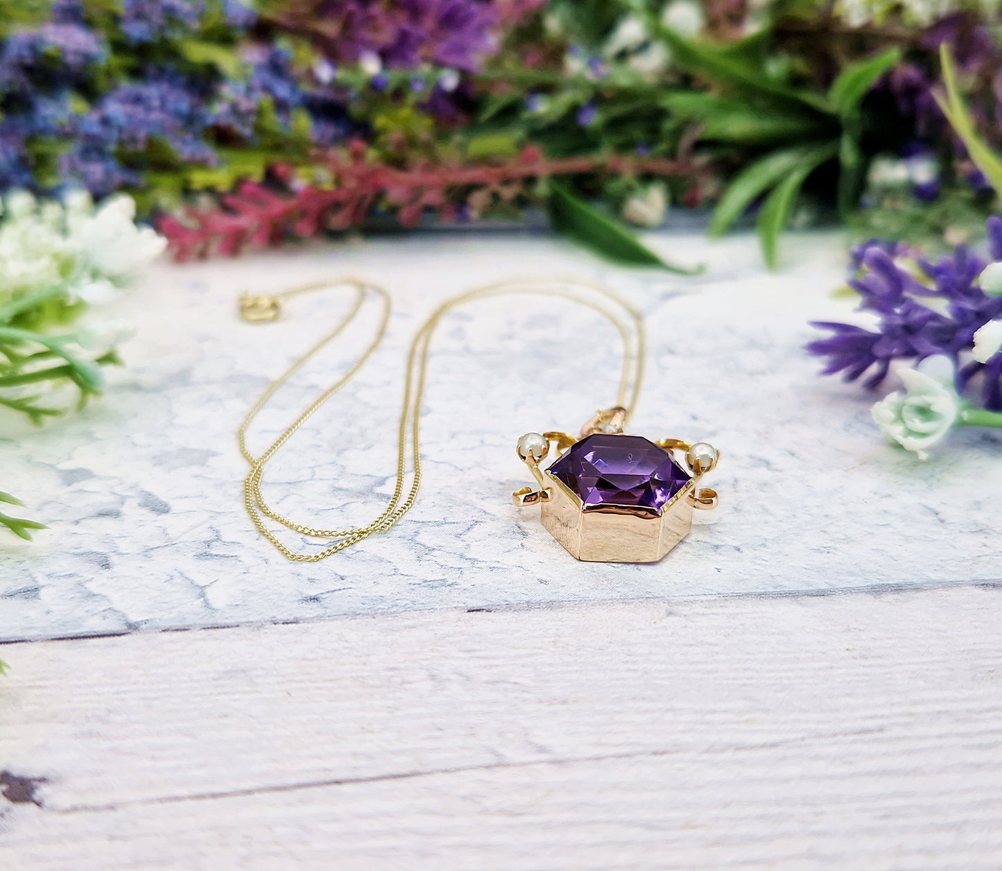 Antique Art Nouveau 9ct Gold Purple Amethyst and Pearl Hexagon Pendant Necklace
