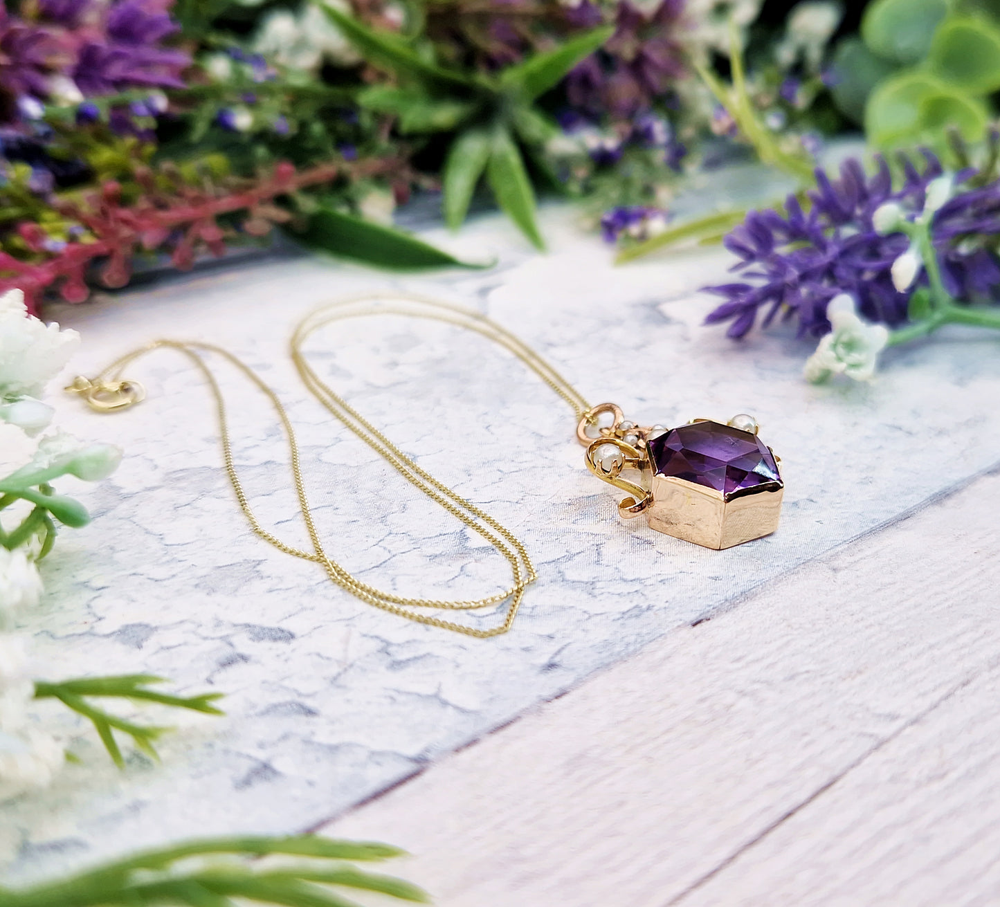 Antique Art Nouveau 9ct Gold Purple Amethyst and Pearl Hexagon Pendant Necklace