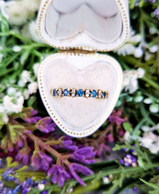 Vintage 9ct Gold London Blue Topaz and Diamond Half Eternity Band Ring / Size O or 7.5