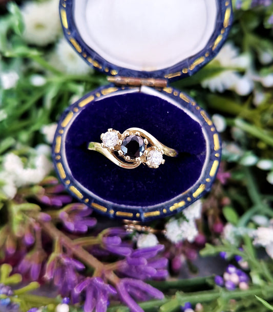Vintage 9ct Yellow Gold Classic Sapphire and Diamond Bypass Trilogy Ring / Size N or 7