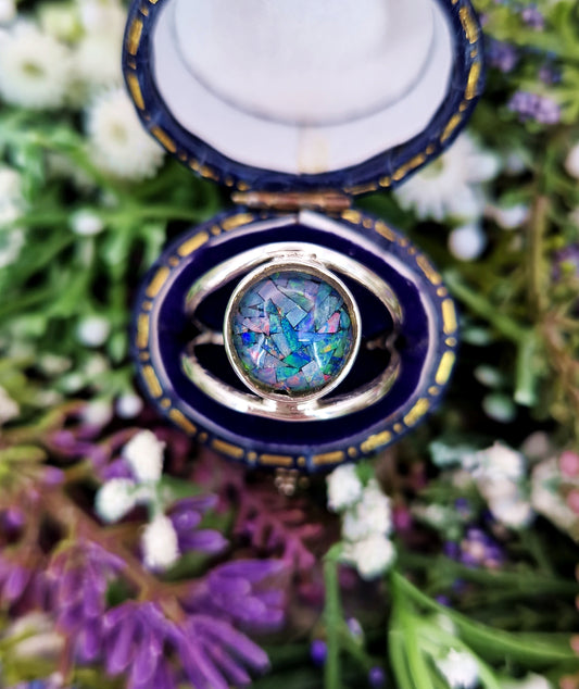 Vintage Sterling Silver Bright Colourful Mosaic Opal Statement Ring / Size R 1/2 or 9.25