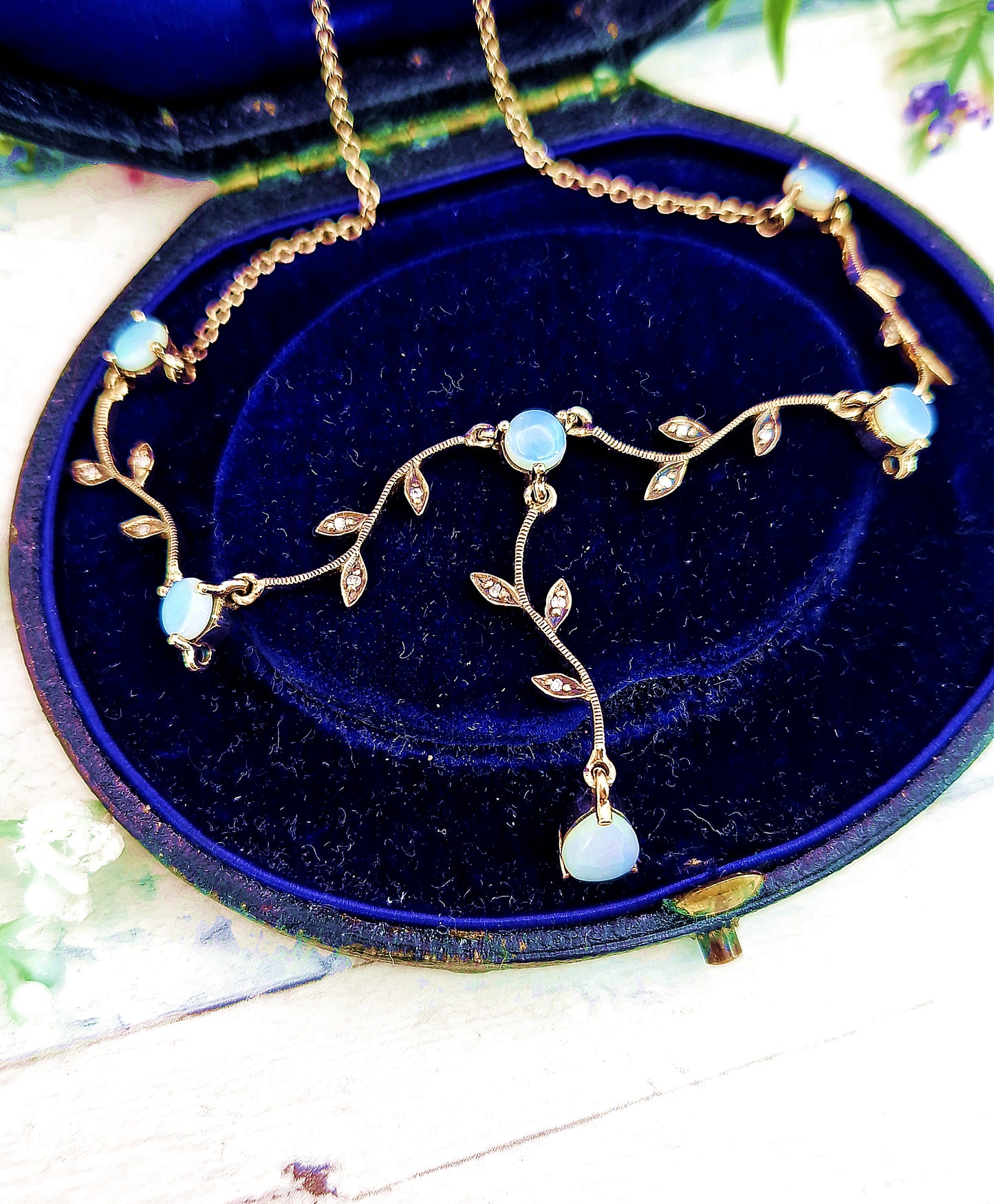 Vintage Solid 9ct Yellow Gold Opal and Diamond Winding Vine and Leaf Necklace / 9 grams