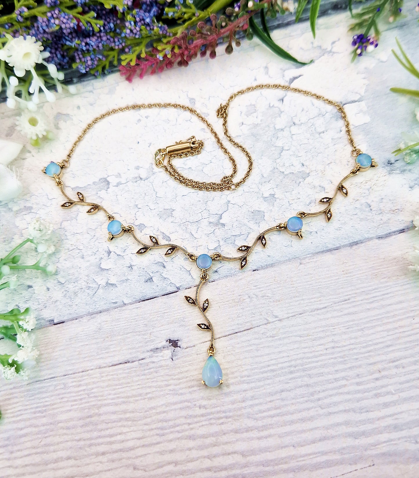 Vintage Solid 9ct Yellow Gold Opal and Diamond Winding Vine and Leaf Necklace / 9 grams