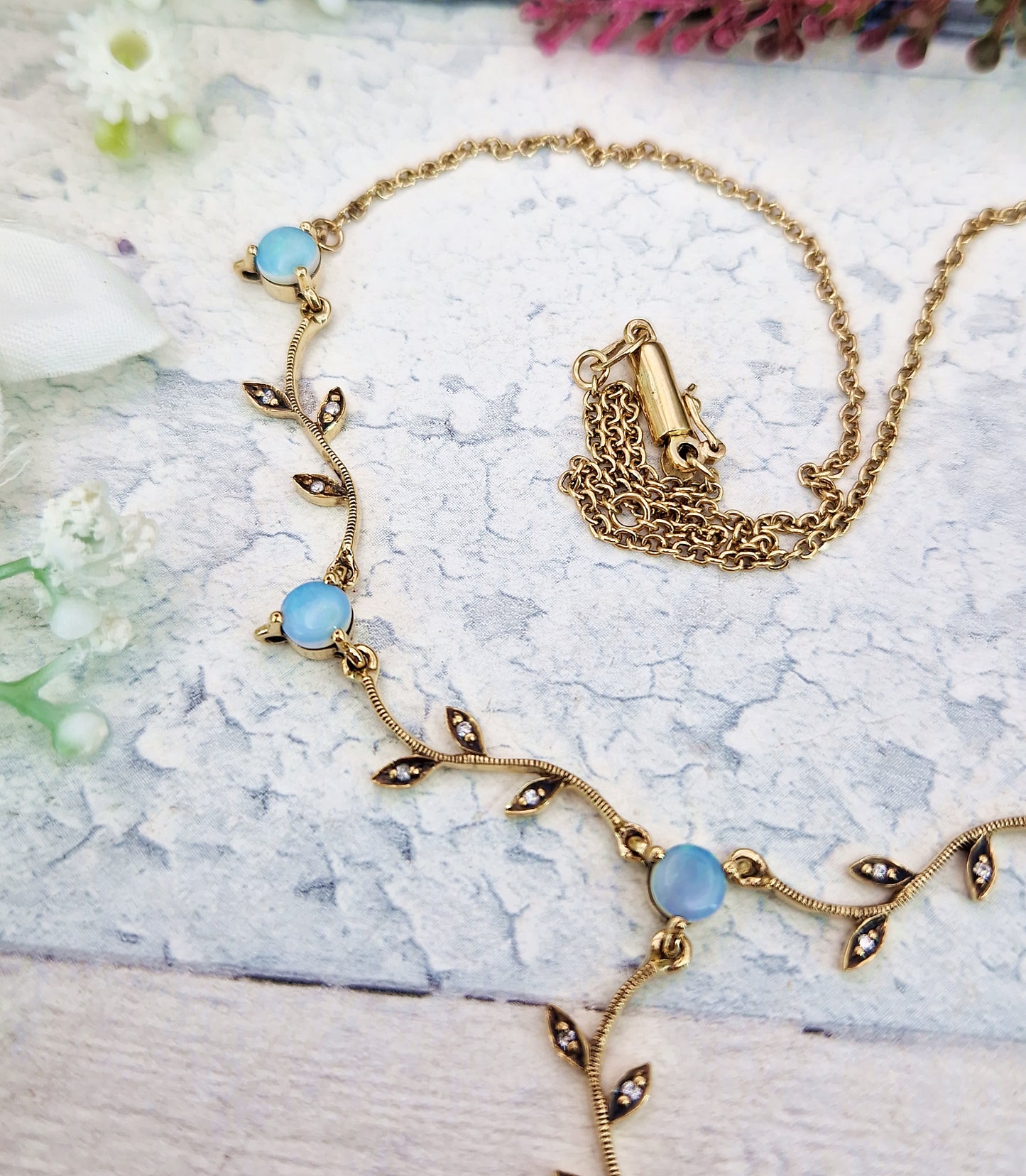 Vintage Solid 9ct Yellow Gold Opal and Diamond Winding Vine and Leaf Necklace / 9 grams