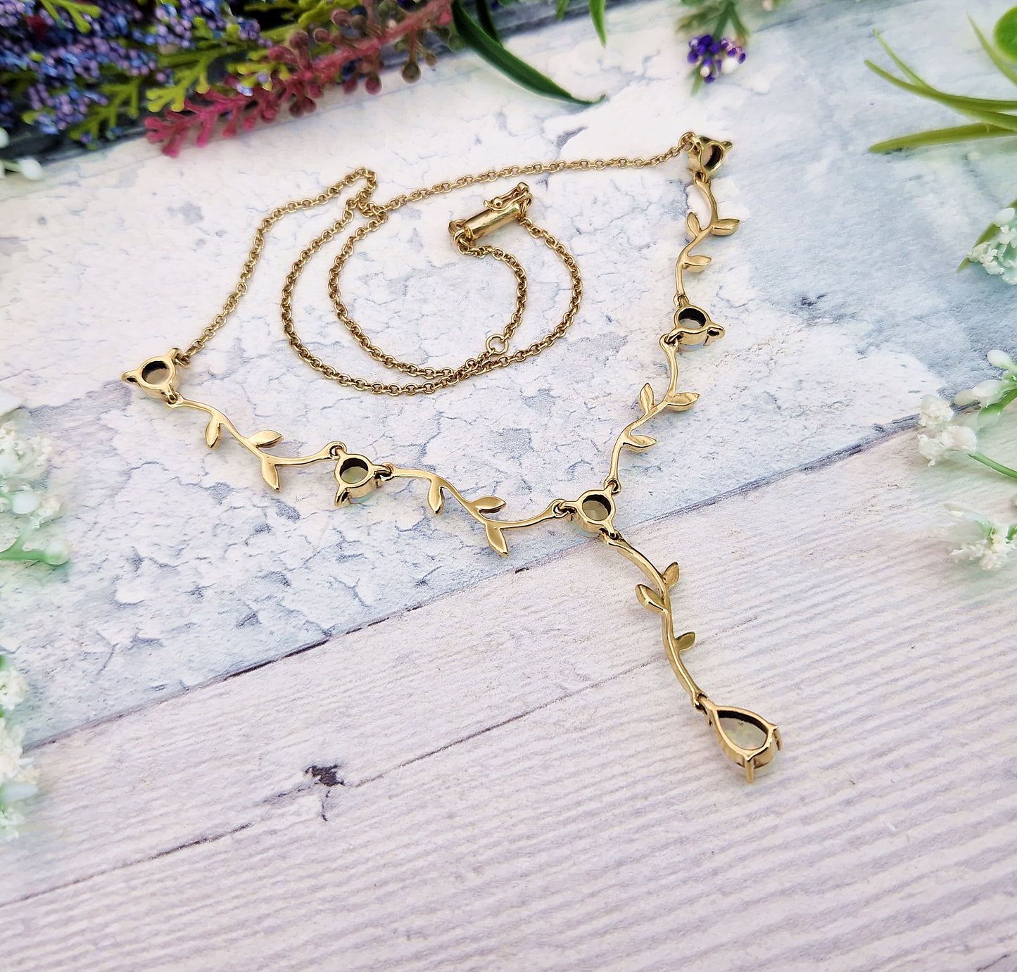 Vintage Solid 9ct Yellow Gold Opal and Diamond Winding Vine and Leaf Necklace / 9 grams