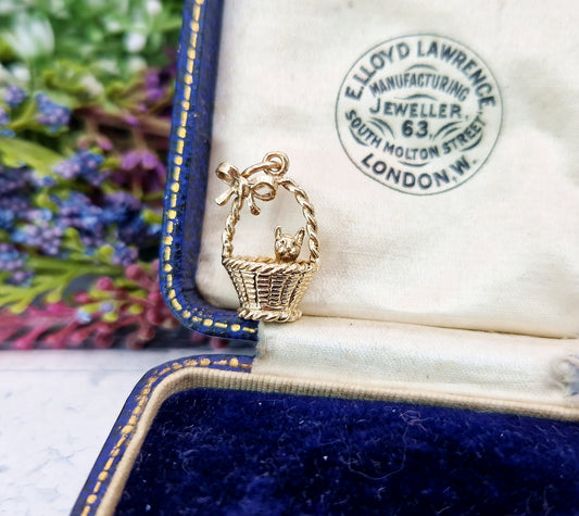 Vintage Solid 9ct Yellow Gold Miniature 3D Kitten in a Basket Charm Pendant