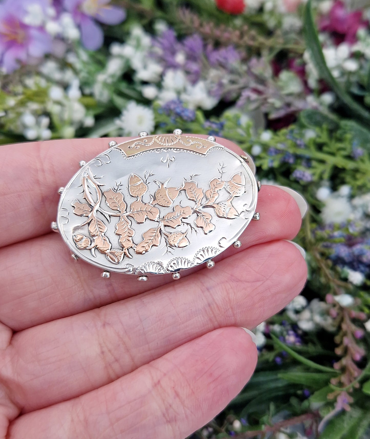 Antique 1889 Victorian Sterling Silver Large Aesthetic Oak Leaf and Acorn Brooch Pin