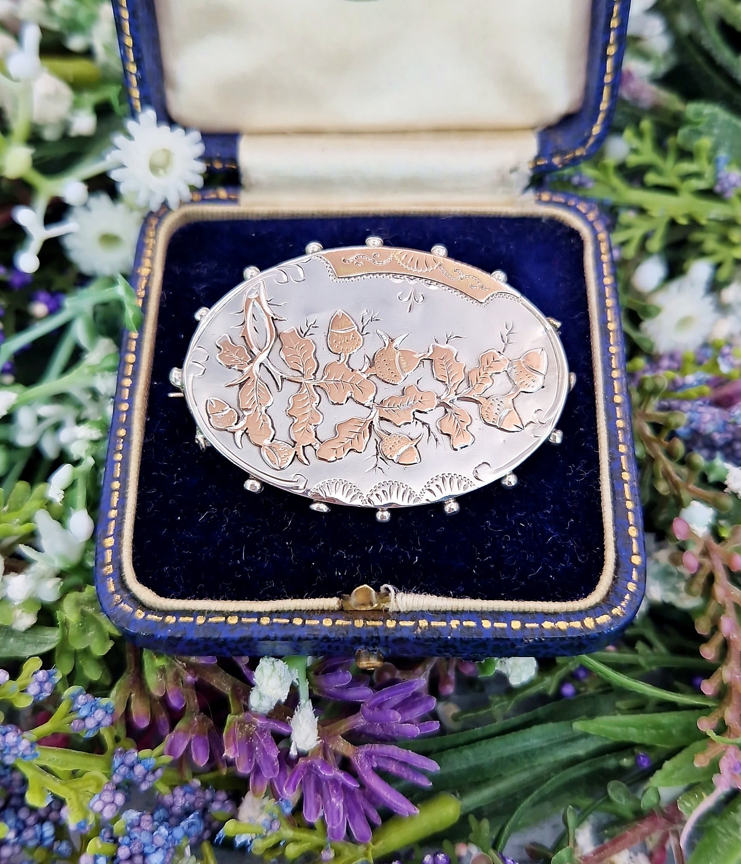 Antique 1889 Victorian Sterling Silver Large Aesthetic Oak Leaf and Acorn Brooch Pin