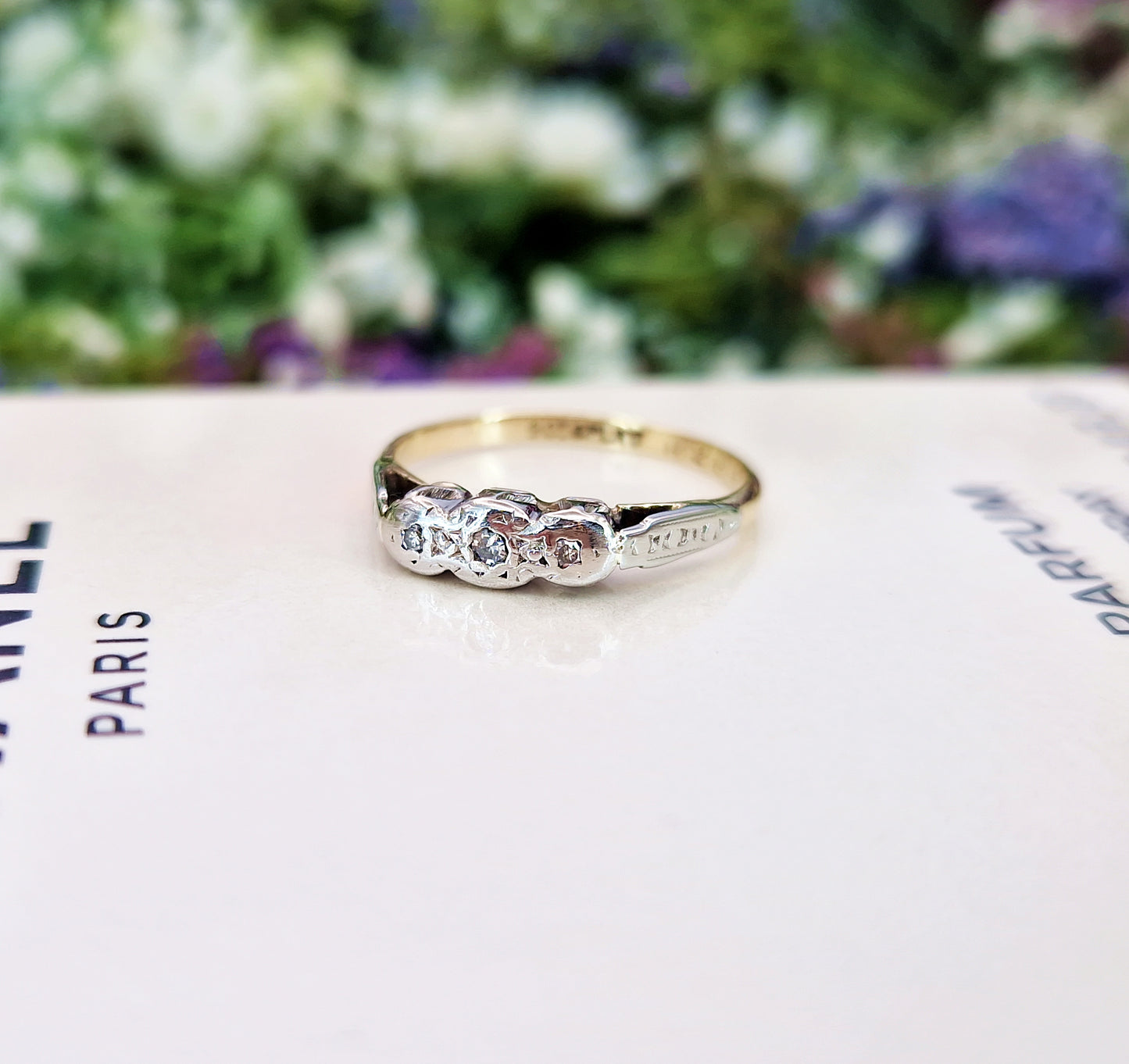 Antique Art Deco 9ct Yellow Gold Dainty Diamond Trilogy Ring / Size L or 6