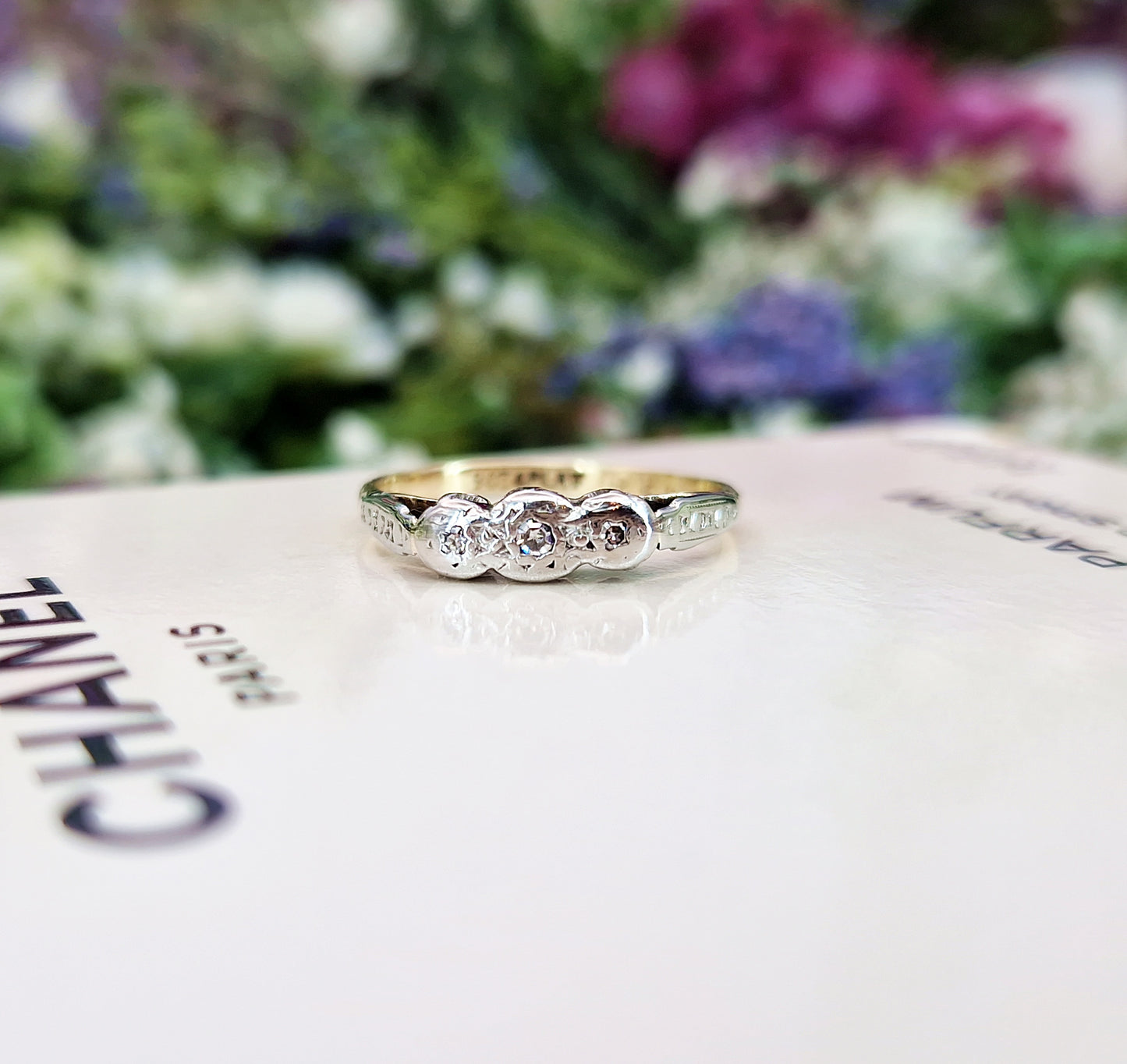Antique Art Deco 9ct Yellow Gold Dainty Diamond Trilogy Ring / Size L or 6