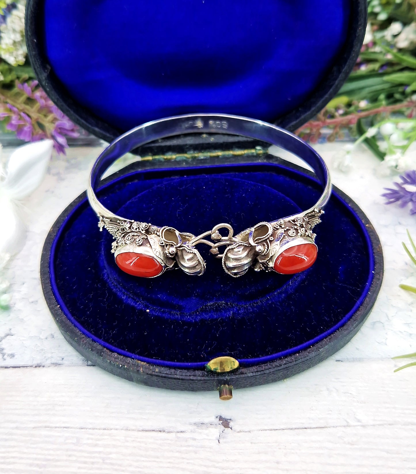 Vintage Silver Ornate Detailed Double Dragon Statement Bangle Bracelet