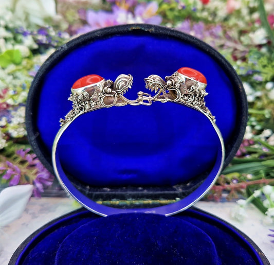 Vintage Silver Ornate Detailed Double Dragon Statement Bangle Bracelet