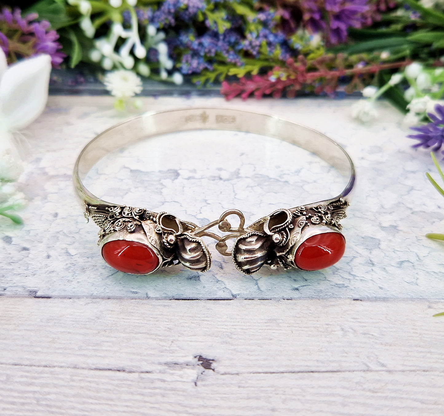 Vintage Silver Ornate Detailed Double Dragon Statement Bangle Bracelet