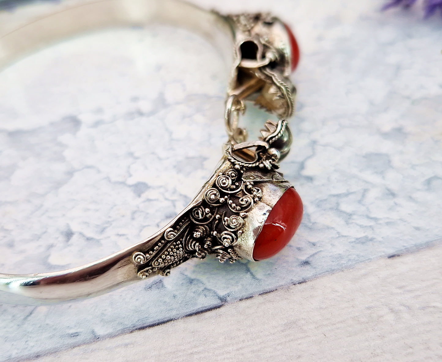 Vintage Silver Ornate Detailed Double Dragon Statement Bangle Bracelet