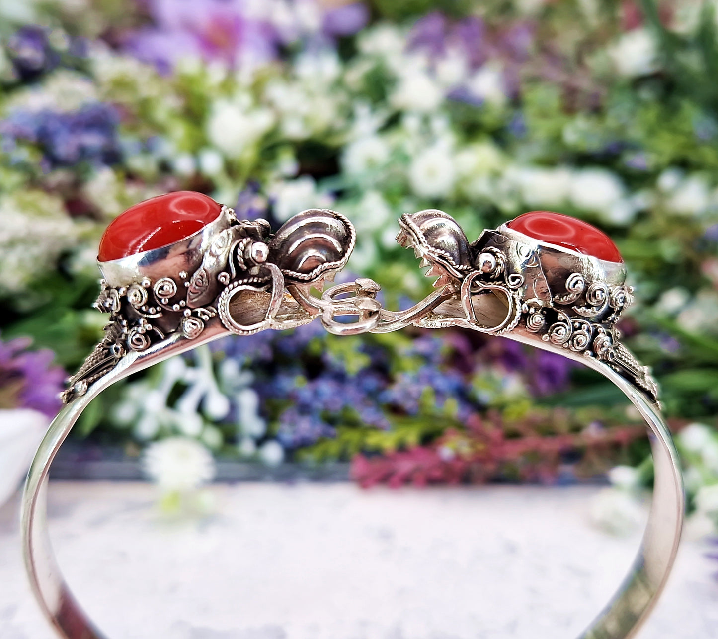 Vintage Silver Ornate Detailed Double Dragon Statement Bangle Bracelet
