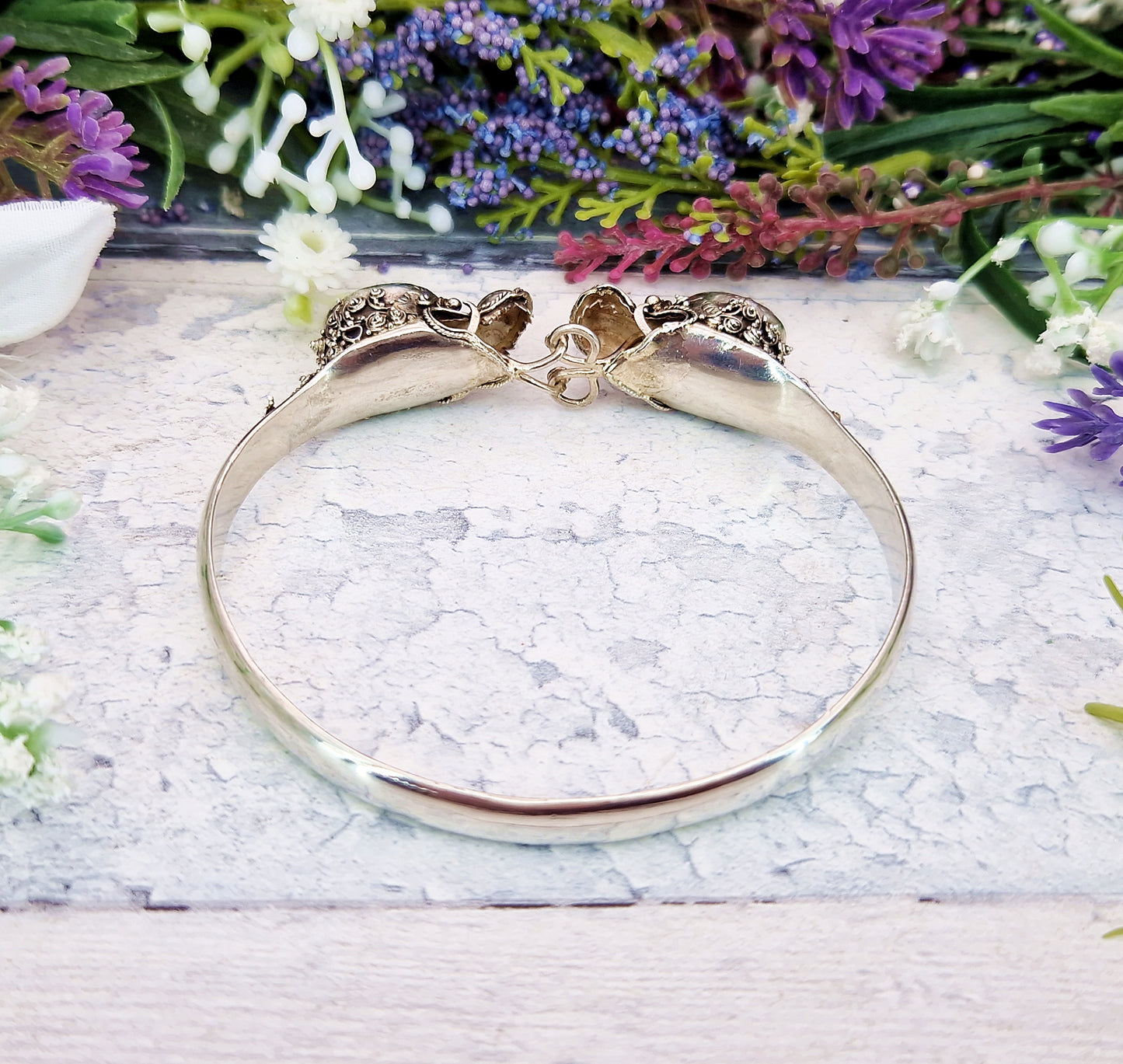 Vintage Silver Ornate Detailed Double Dragon Statement Bangle Bracelet