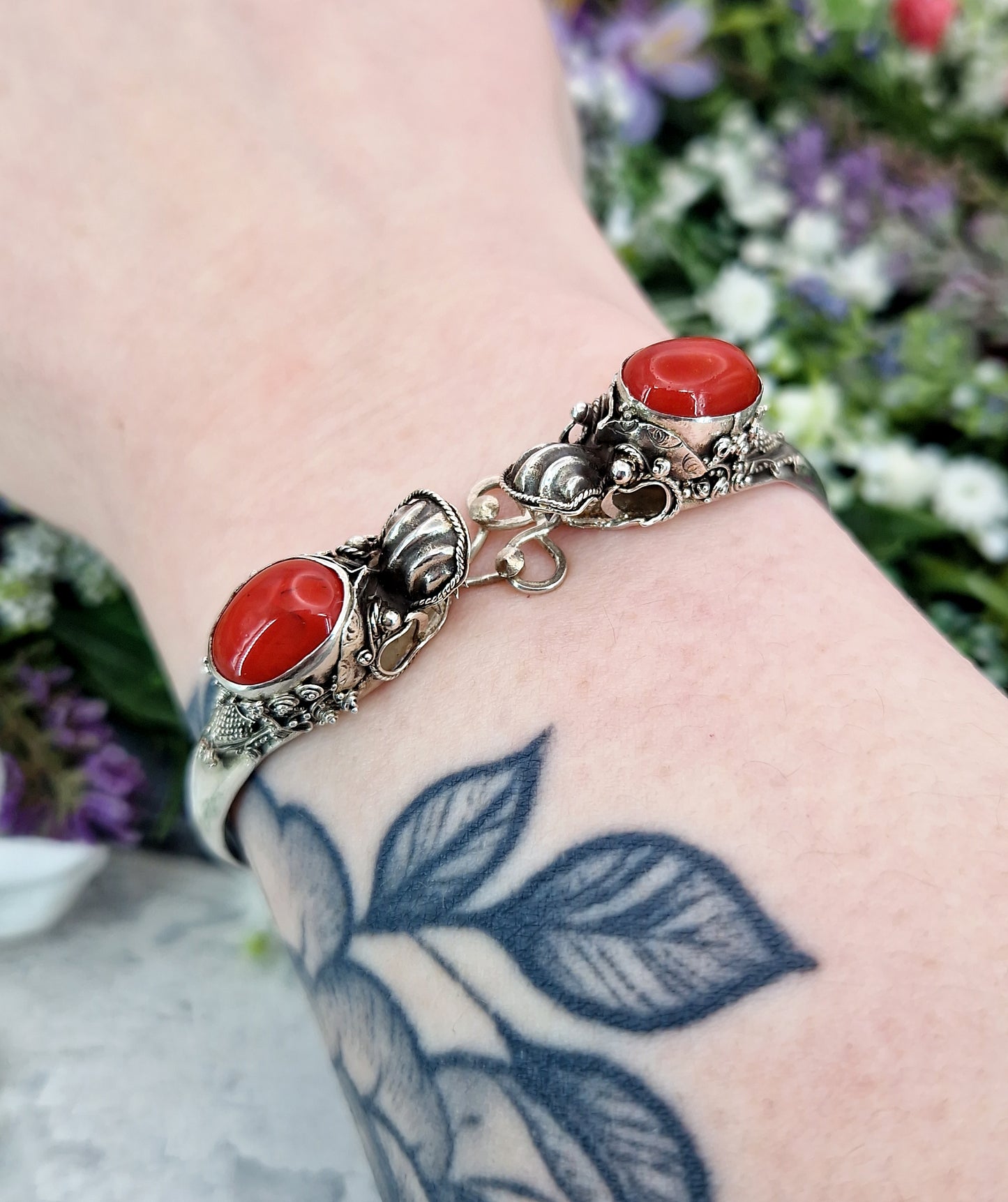 Vintage Silver Ornate Detailed Double Dragon Statement Bangle Bracelet