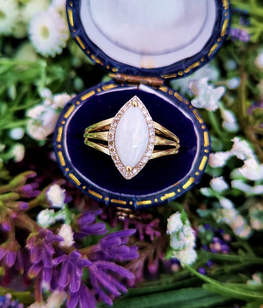 Vintage 9ct Yellow Gold Opal and Diamond Navette Cluster Ring / Size P 1/2 or 8.25