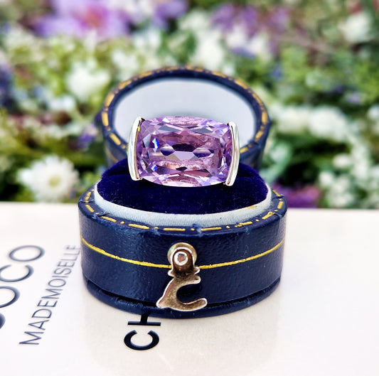 Vintage Sterling Silver Cushion Cut Purple Amethyst Statement Solitaire Ring / Size I 1/2 or 4.75