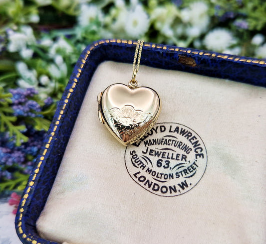 Antique Art Nouveau 9ct Yellow Gold Engraved Floral Love Heart Locket Pendant