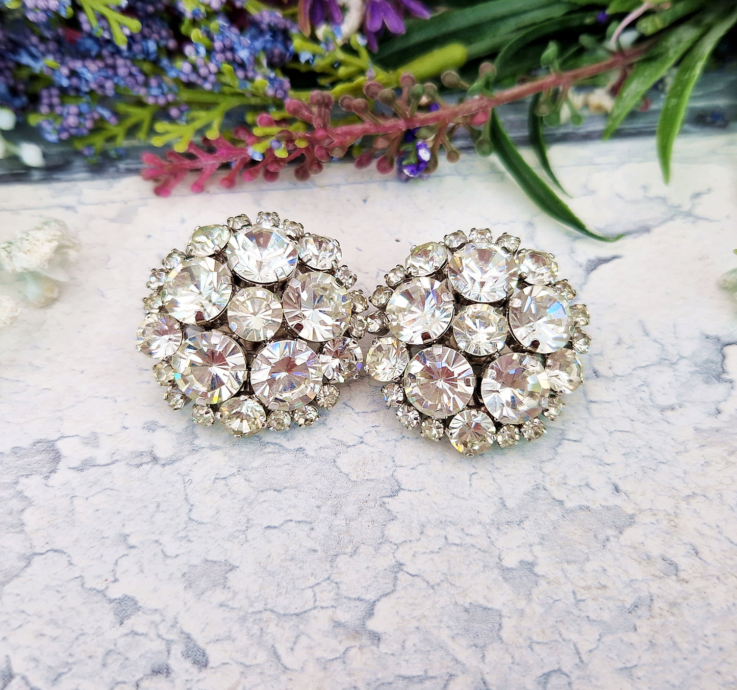 Vintage Huge Sparkly Rhinestone Crystal Bombe Statement Clip On Earrings