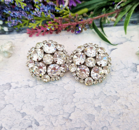 Vintage Huge Sparkly Rhinestone Crystal Bombe Statement Clip On Earrings