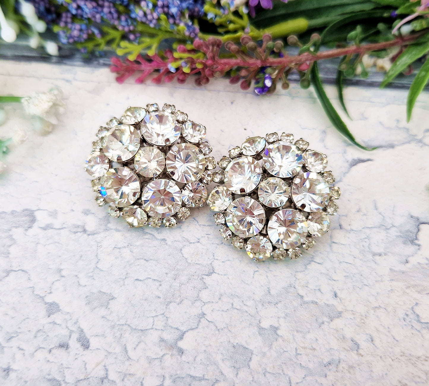 Vintage Huge Sparkly Rhinestone Crystal Bombe Statement Clip On Earrings