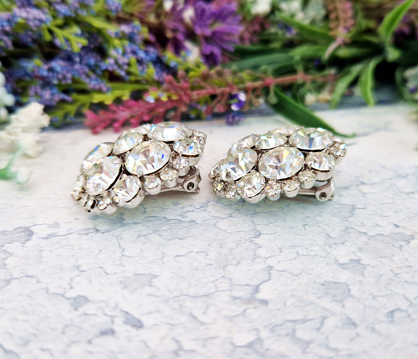 Vintage Huge Sparkly Rhinestone Crystal Bombe Statement Clip On Earrings
