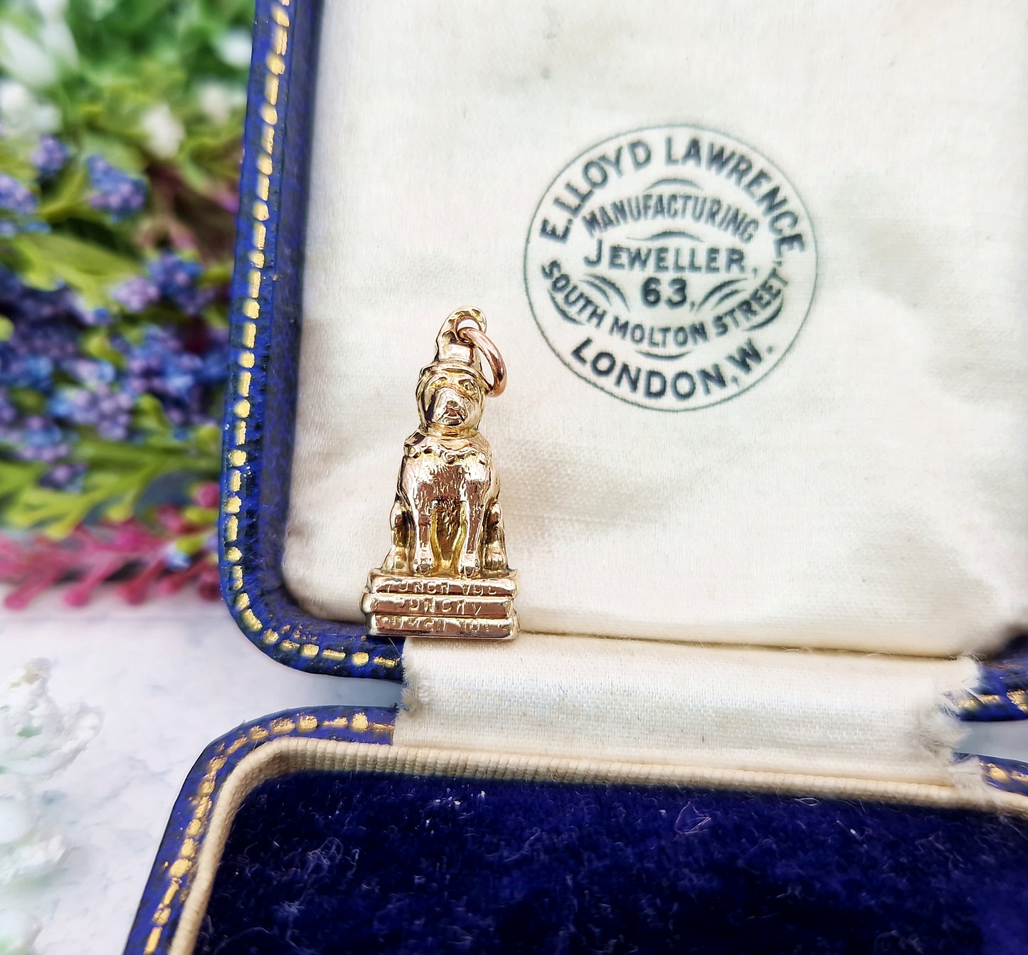 Antique Victorian 9ct Gold Cased Punch Magazine Figural Bulldog with Ruff, Top Hat and Books Charm Pendant