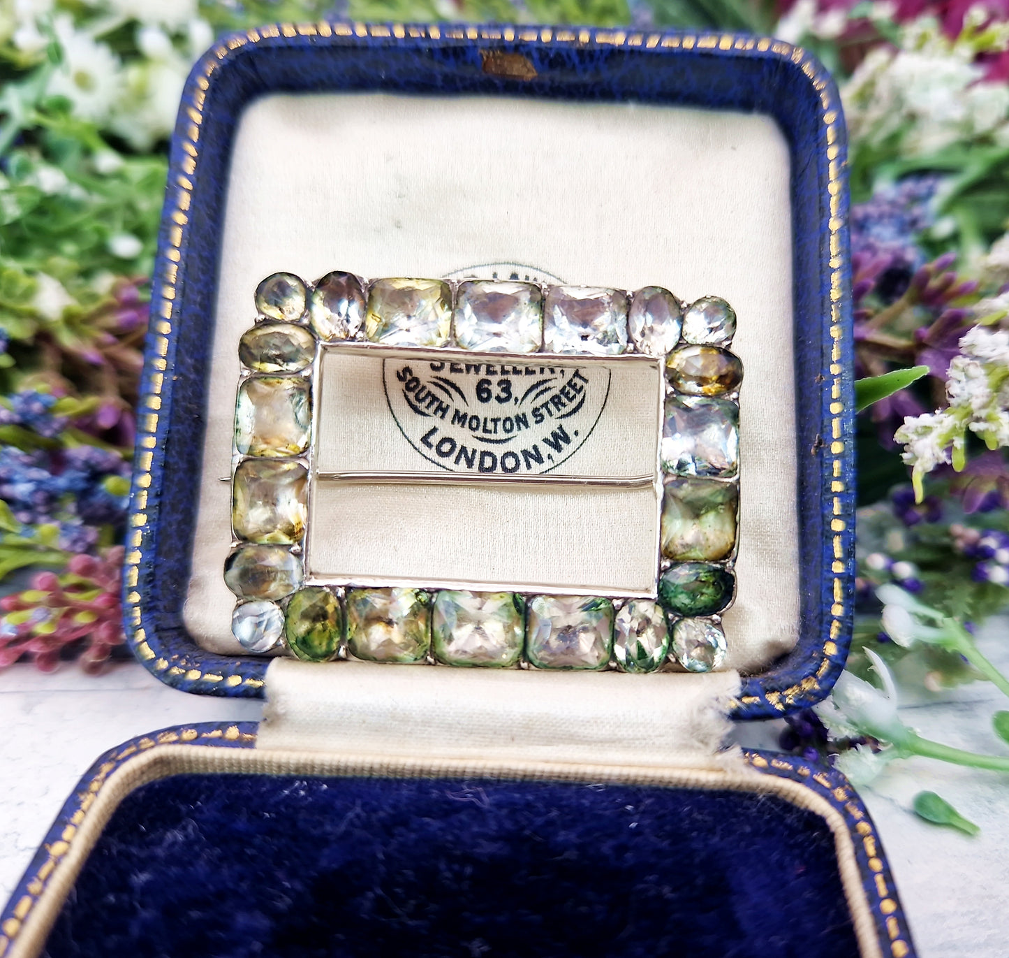 Antique Georgian Sterling Silver Large Foiled Paste Stone Buckle Brooch Pin