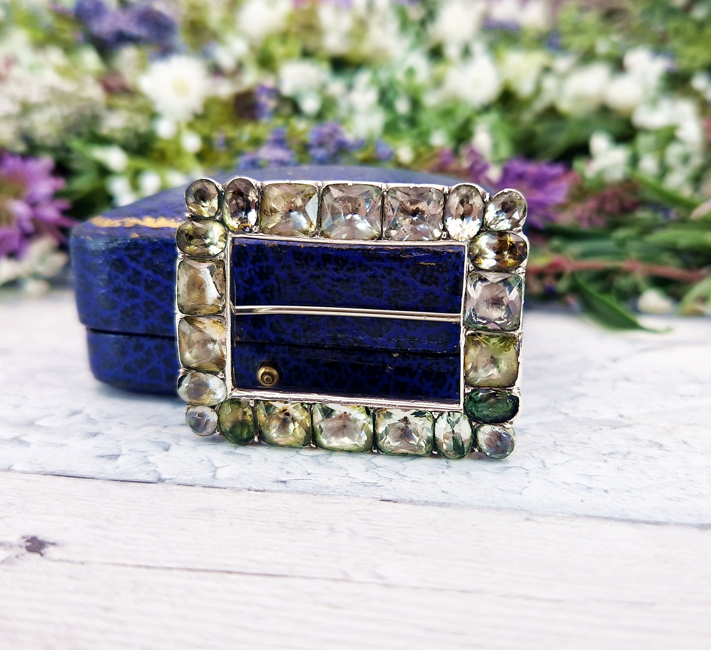 Antique Georgian Sterling Silver Large Foiled Paste Stone Buckle Brooch Pin