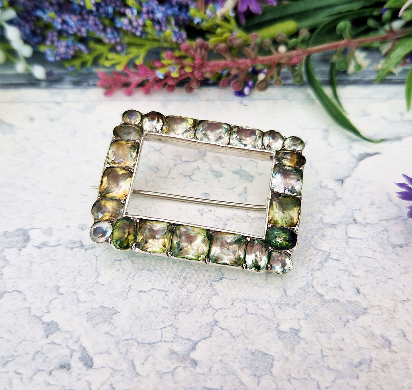 Antique Georgian Sterling Silver Large Foiled Paste Stone Buckle Brooch Pin