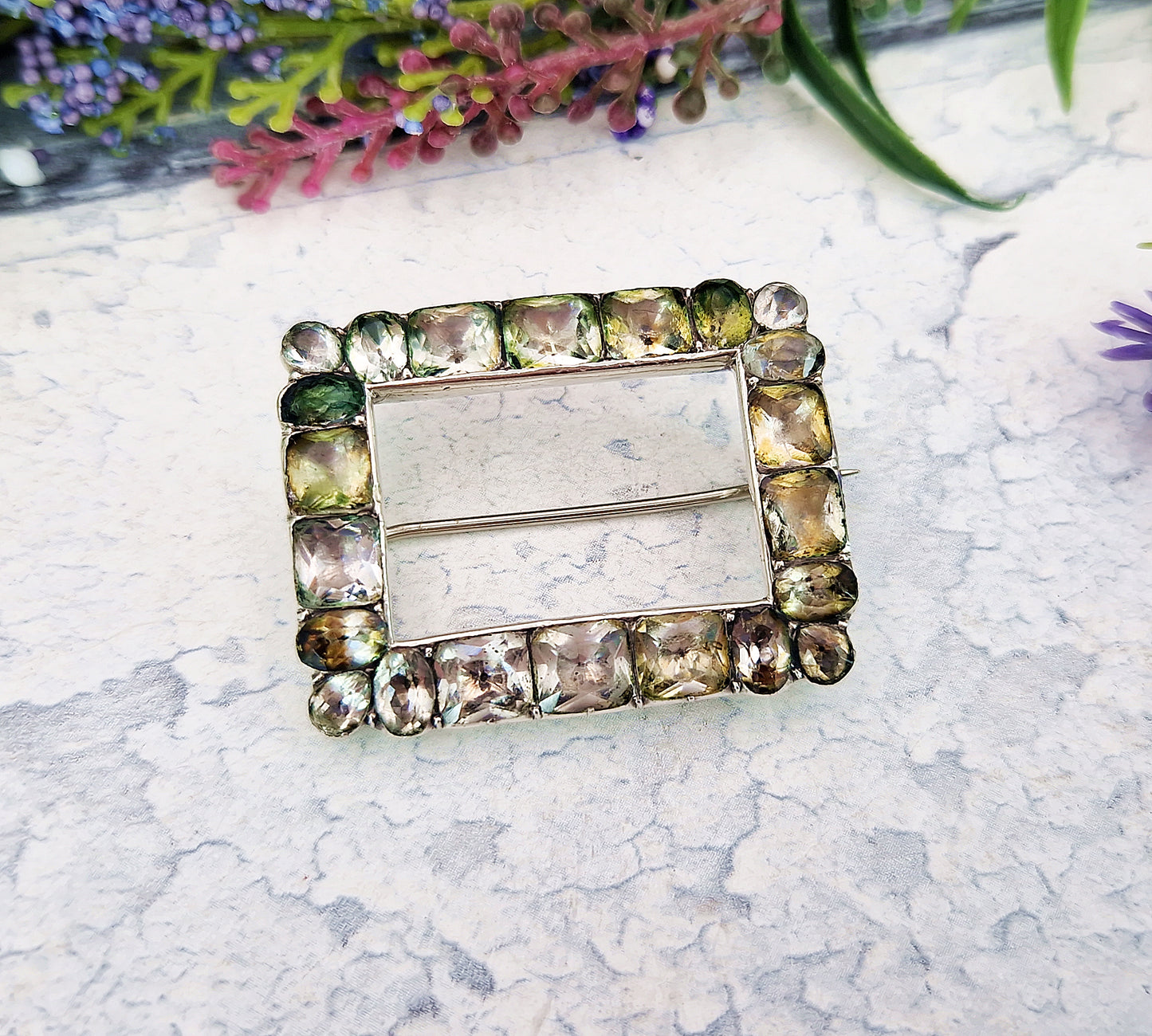 Antique Georgian Sterling Silver Large Foiled Paste Stone Buckle Brooch Pin