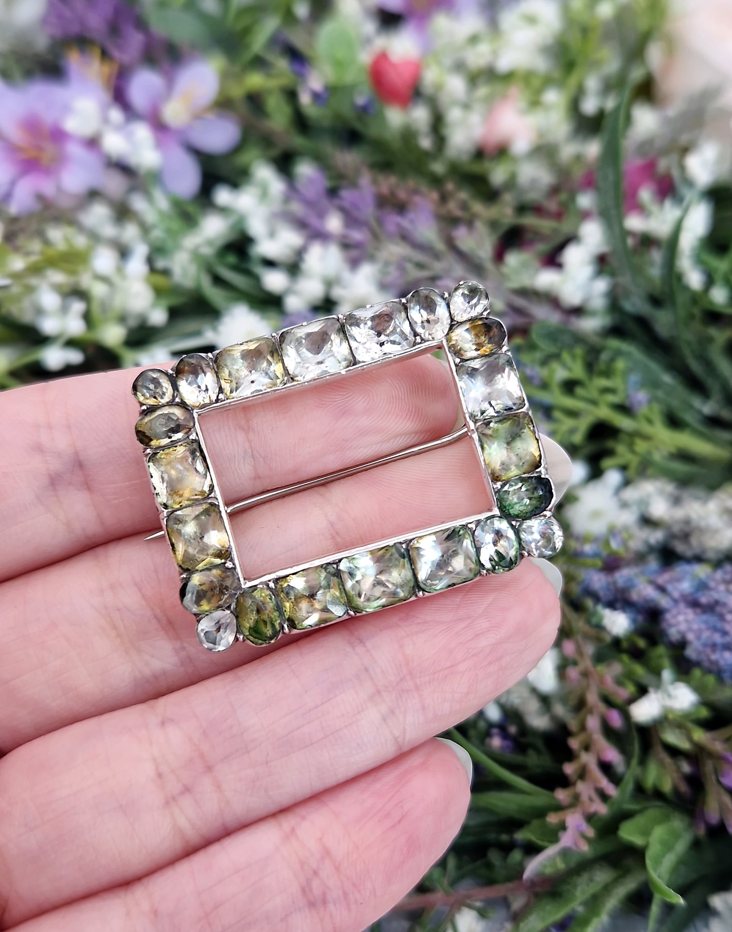 Antique Georgian Sterling Silver Large Foiled Paste Stone Buckle Brooch Pin