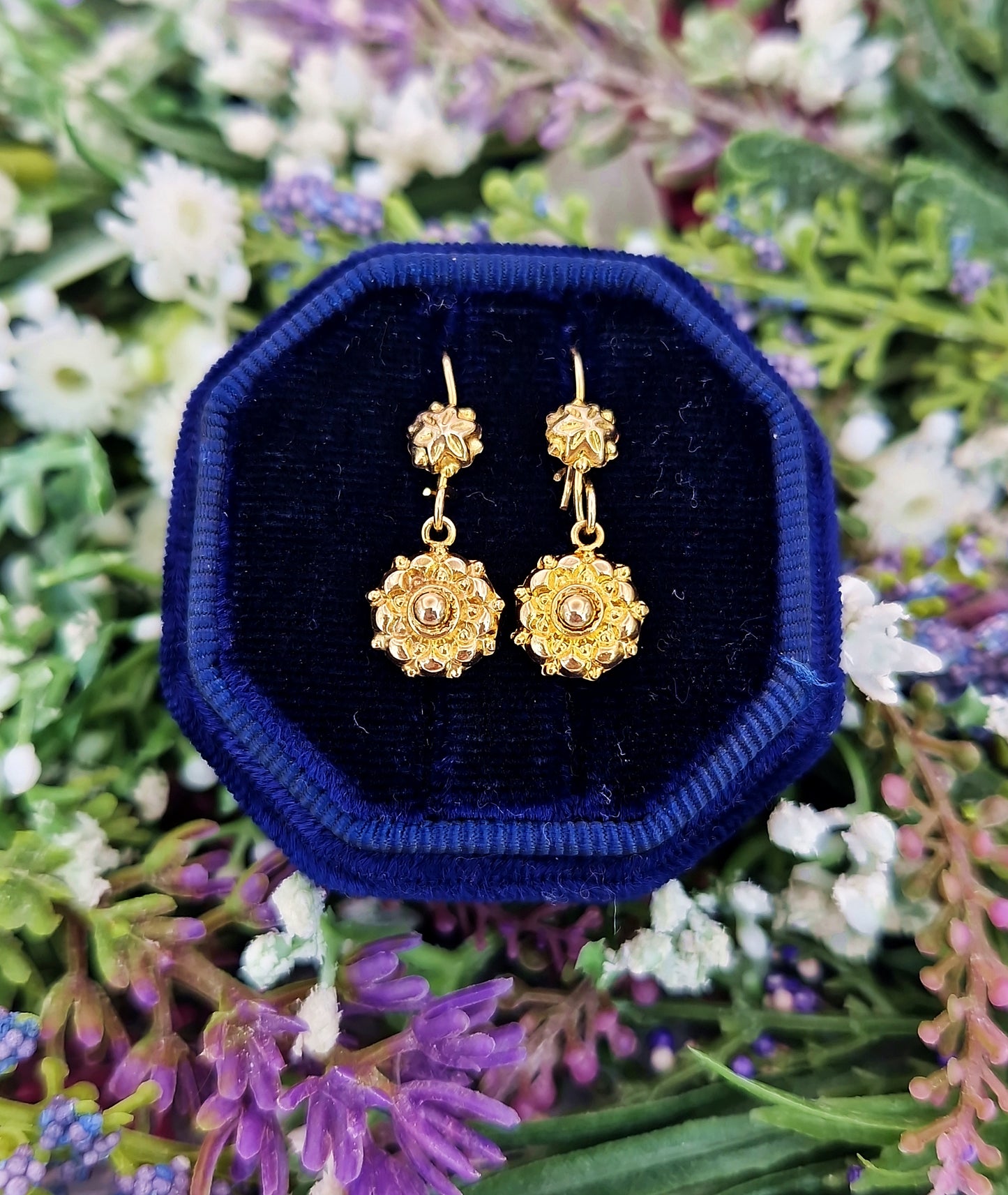 Vintage 9ct Yellow Gold Etruscan Revival Dainty Dormeuse Hook Drop Earrings
