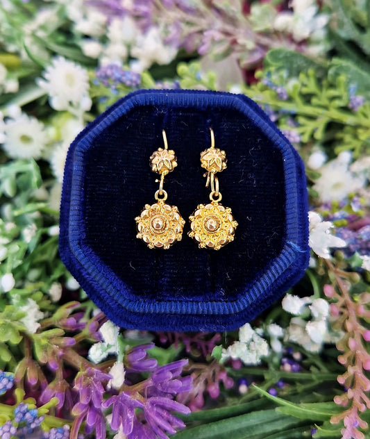 Vintage 9ct Yellow Gold Etruscan Revival Dainty Dormeuse Hook Drop Earrings