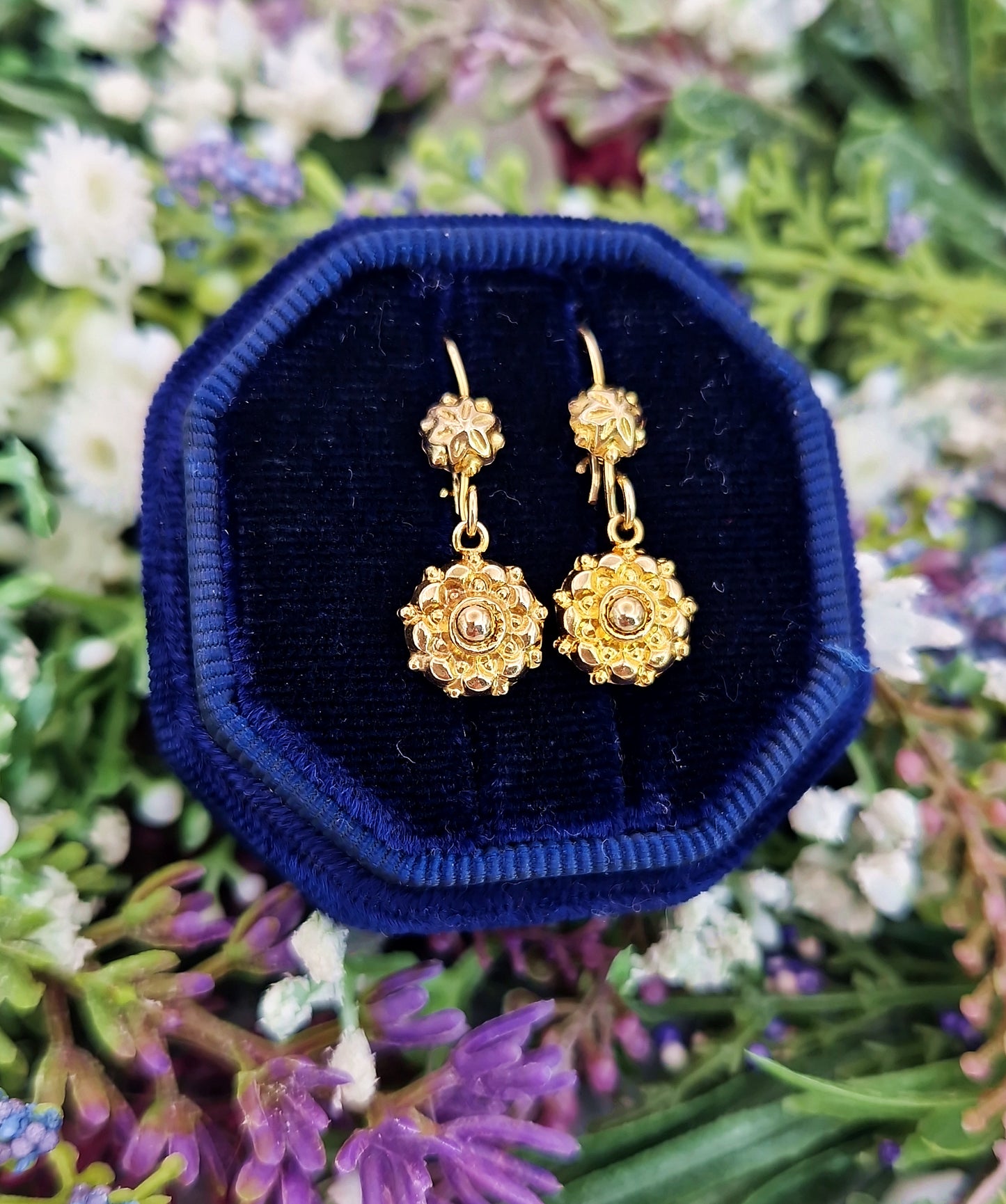Vintage 9ct Yellow Gold Etruscan Revival Dainty Dormeuse Hook Drop Earrings
