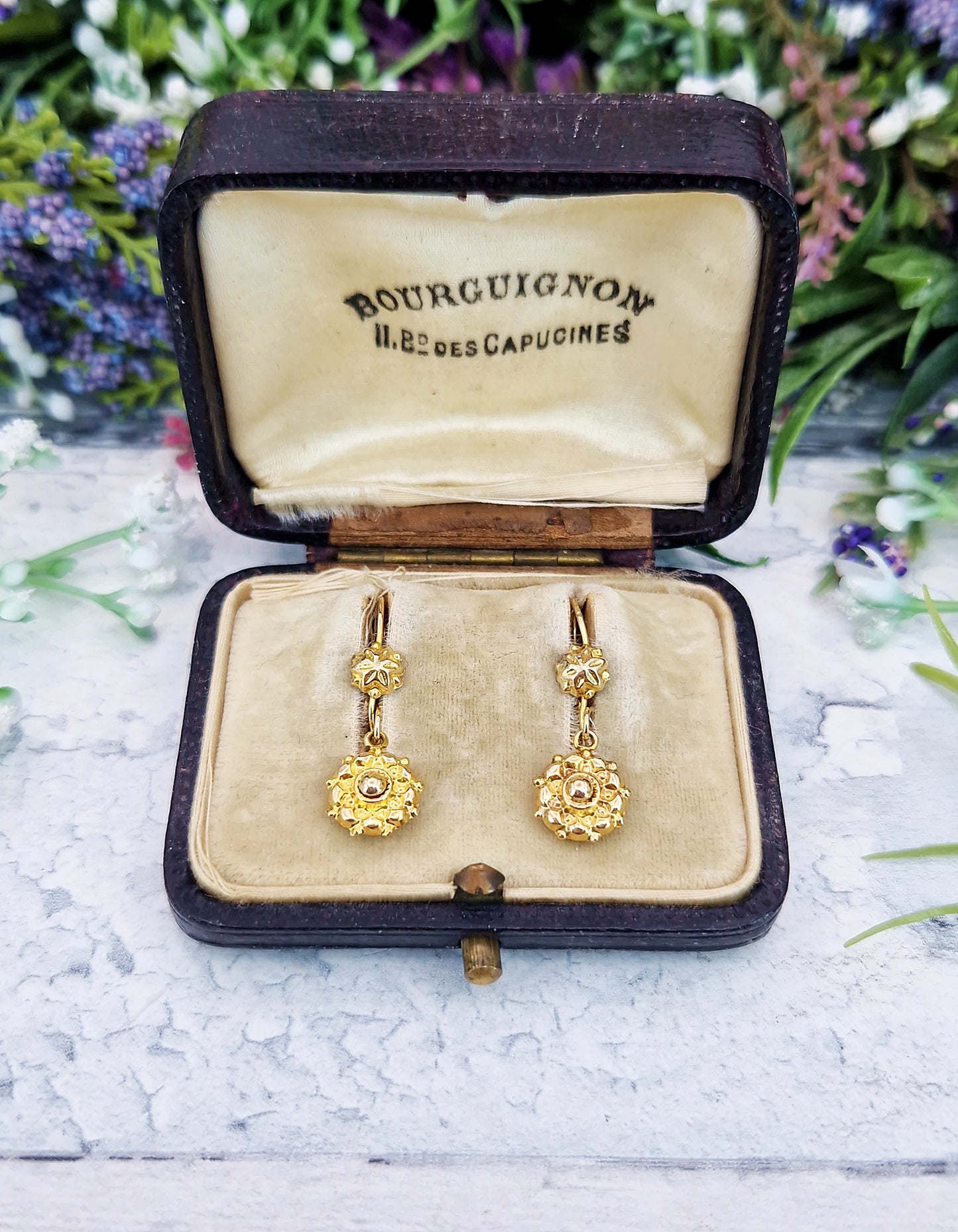 Vintage 9ct Yellow Gold Etruscan Revival Dainty Dormeuse Hook Drop Earrings