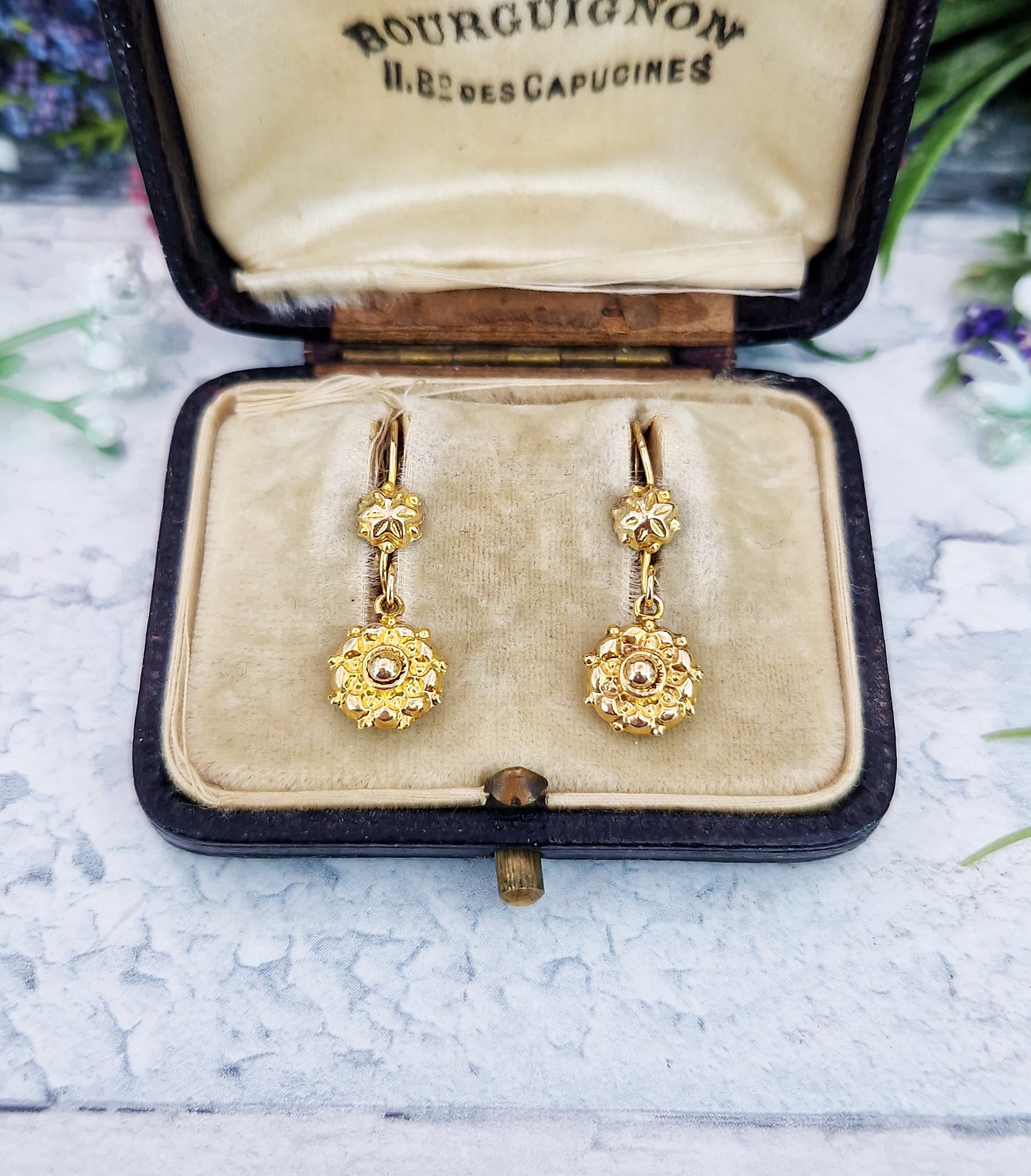 Vintage 9ct Yellow Gold Etruscan Revival Dainty Dormeuse Hook Drop Earrings