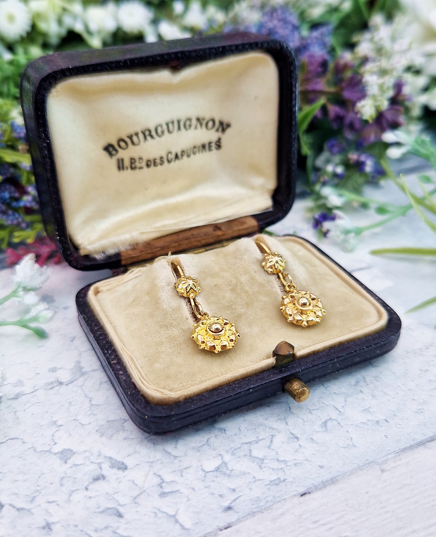 Vintage 9ct Yellow Gold Etruscan Revival Dainty Dormeuse Hook Drop Earrings