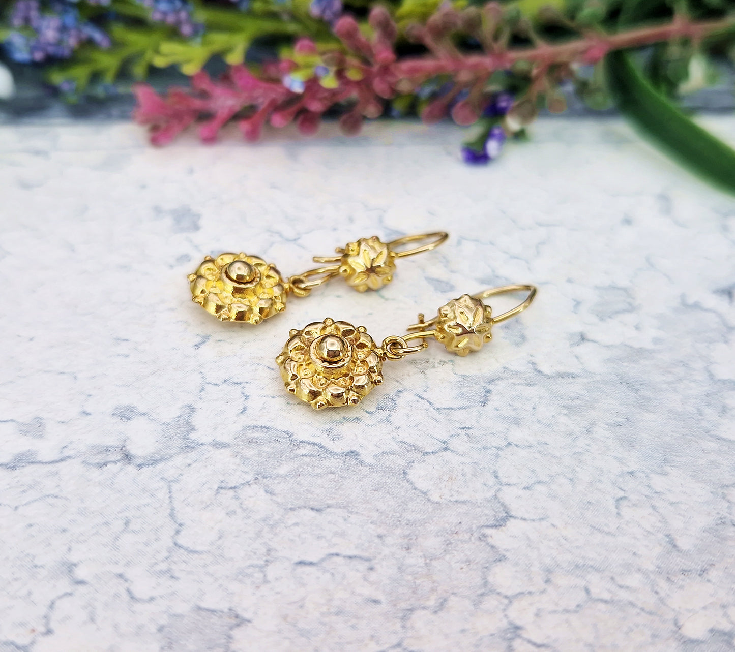 Vintage 9ct Yellow Gold Etruscan Revival Dainty Dormeuse Hook Drop Earrings