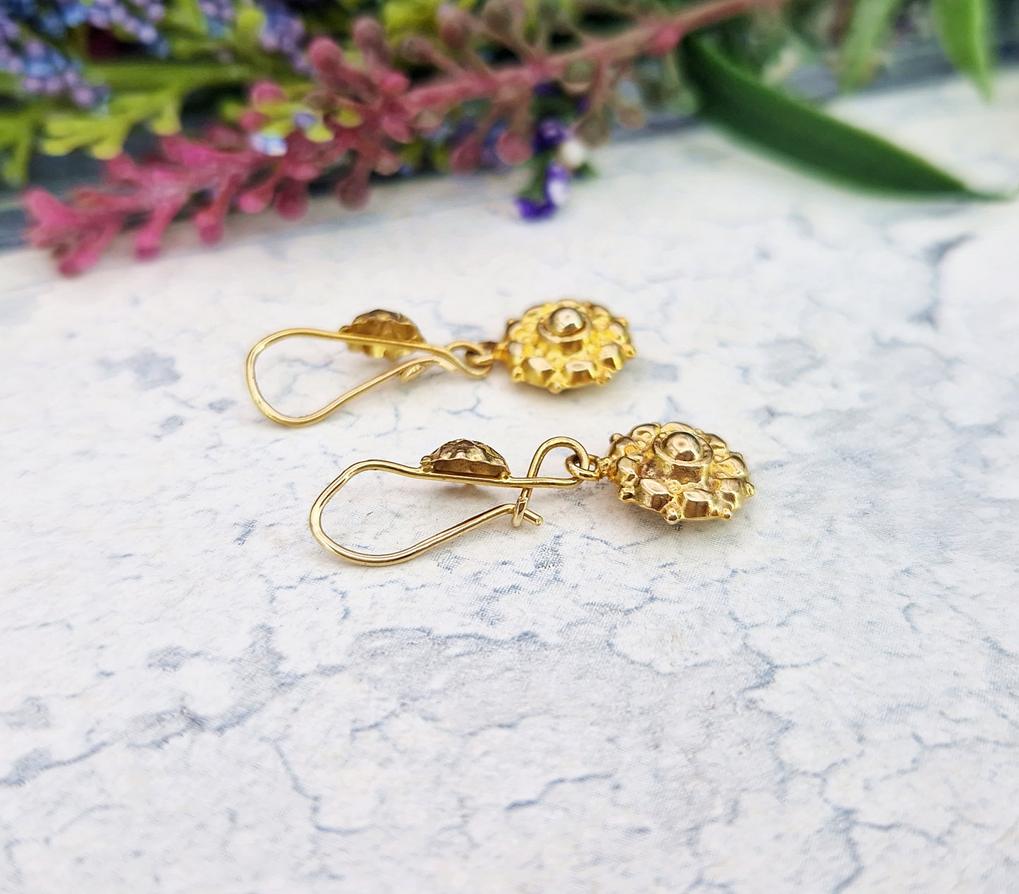 Vintage 9ct Yellow Gold Etruscan Revival Dainty Dormeuse Hook Drop Earrings
