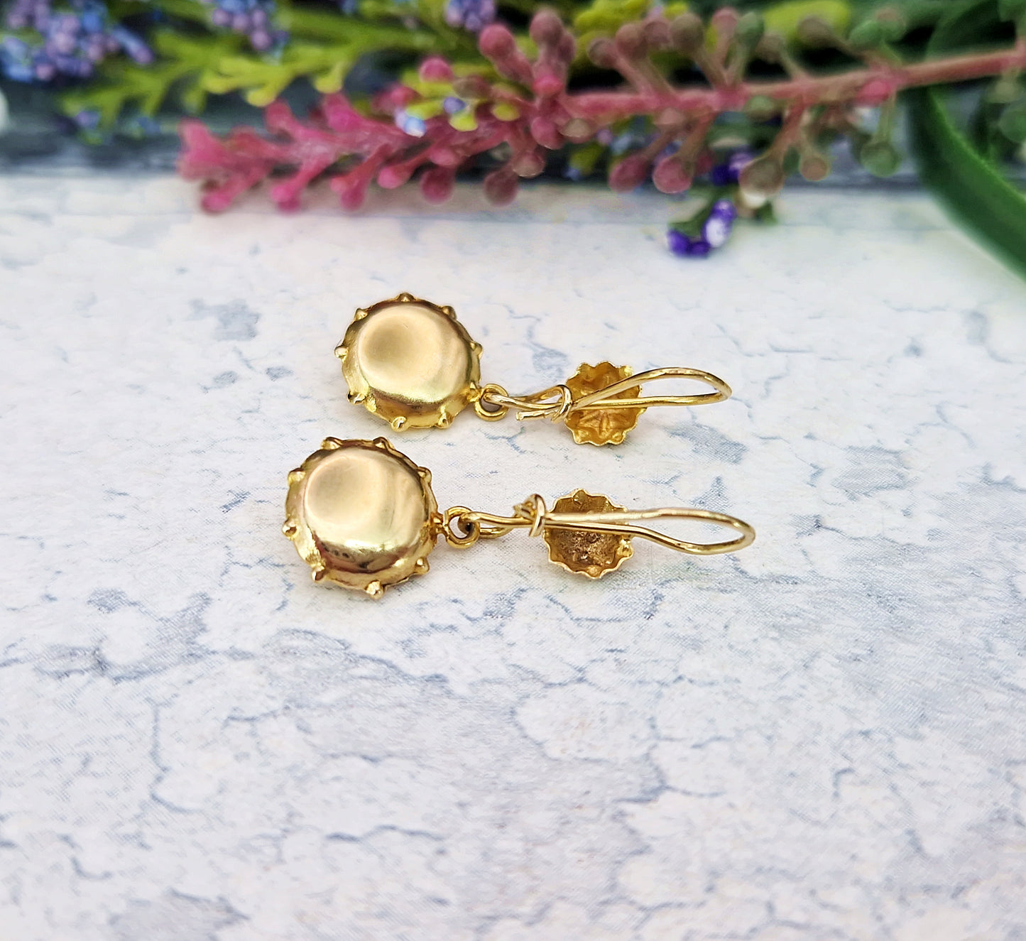 Vintage 9ct Yellow Gold Etruscan Revival Dainty Dormeuse Hook Drop Earrings
