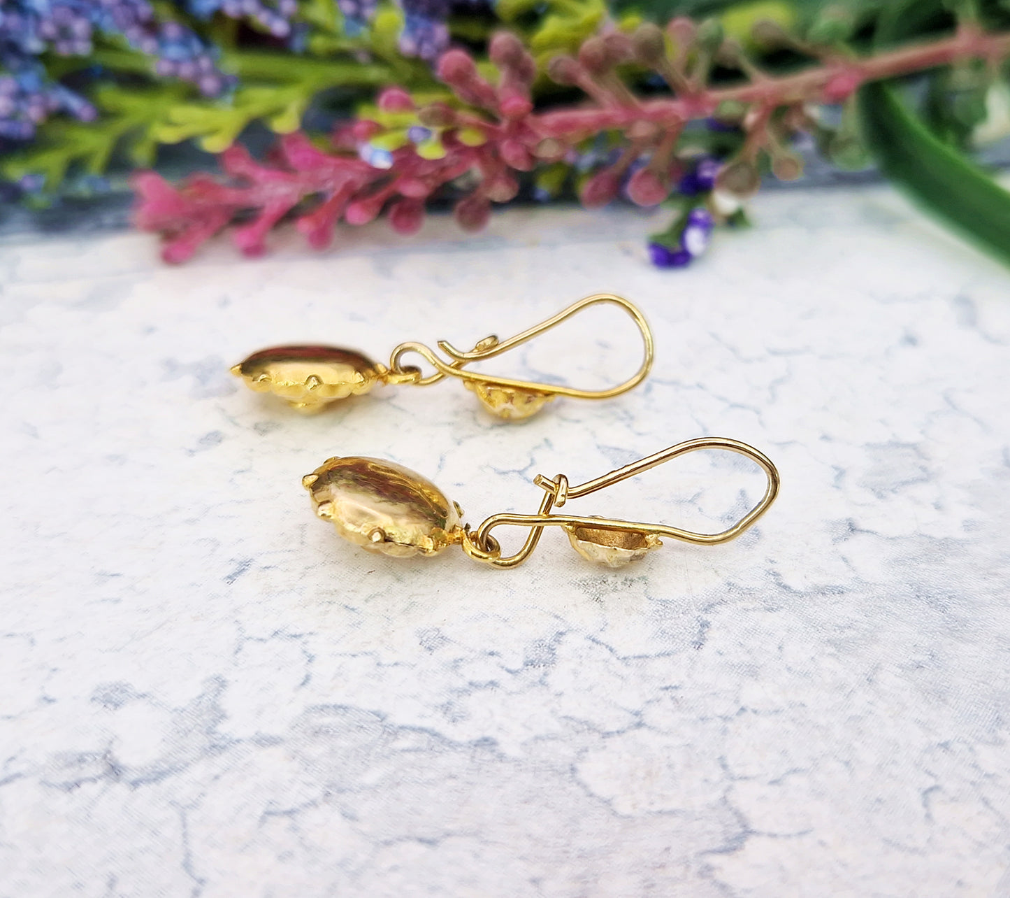 Vintage 9ct Yellow Gold Etruscan Revival Dainty Dormeuse Hook Drop Earrings