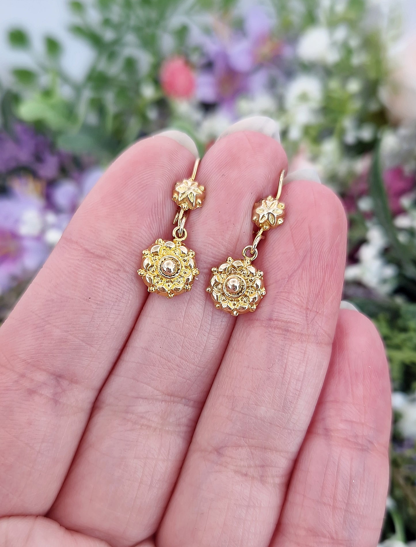 Vintage 9ct Yellow Gold Etruscan Revival Dainty Dormeuse Hook Drop Earrings