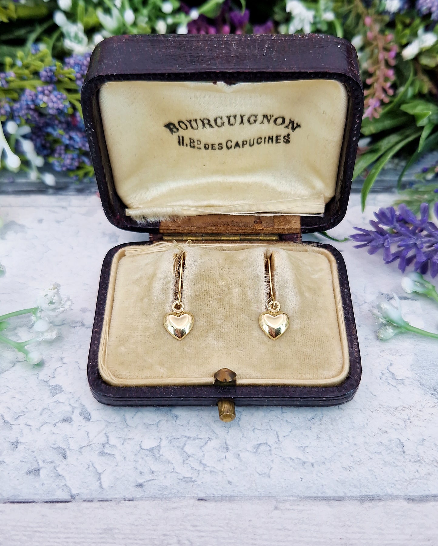 Vintage 18ct Yellow Gold Tiny Lightweight Love Heart Hook Drop Earrings