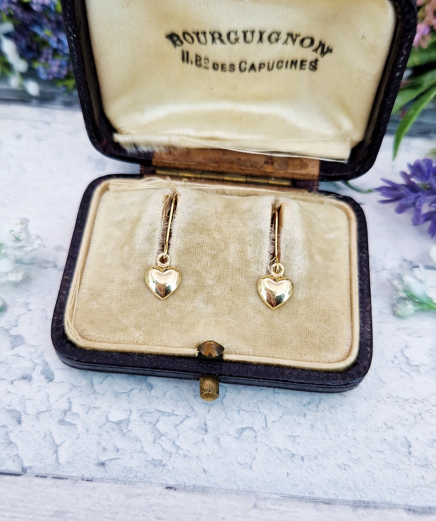 Vintage 18ct Yellow Gold Tiny Lightweight Love Heart Hook Drop Earrings