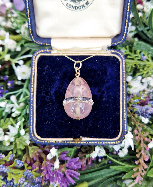 Antique Art Nouveau 14ct Gold Rose Quartz and Rock Crystal Statement Egg Pendant