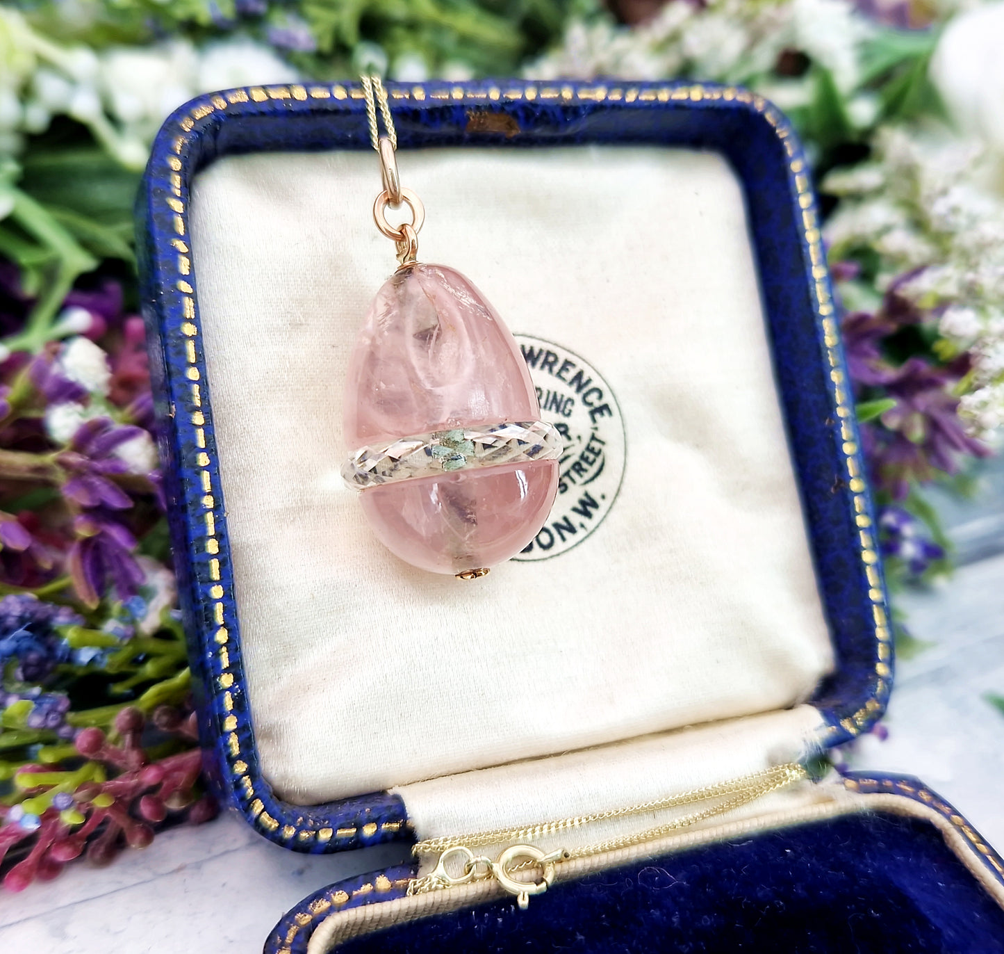 Antique Art Nouveau 14ct Gold Rose Quartz and Rock Crystal Statement Egg Pendant