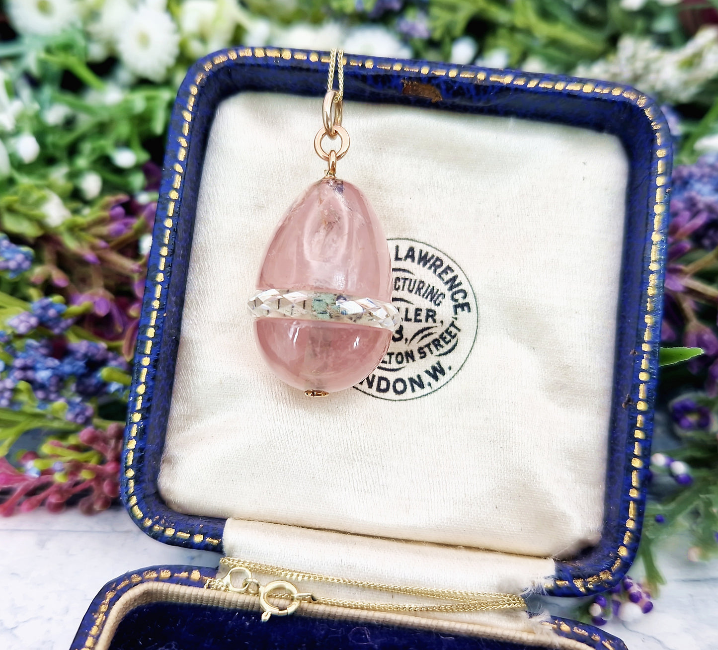 Antique Art Nouveau 14ct Gold Rose Quartz and Rock Crystal Statement Egg Pendant